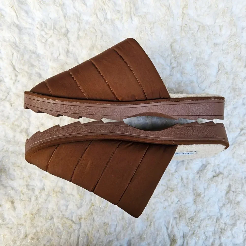 Quilted Slipper Steve Madden Chex Size 10 Faux Shearling Line Puffer Slide Brown - Picture 12 of 12